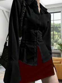 Camisa de mujer de unicolor elegante, blusa de manga larga con lazo, adecuada para todas las estaciones - Negro - Ver 4