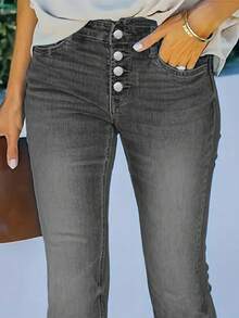 Blugi gri pentru femei, cu talie înaltă, slim fit, cu un singur nasture - Pantaloni retro casual, skinny, elastici și versatili, din denim - Gri - Vizualizare 4