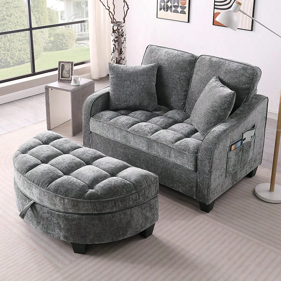 YOGLAD Modern Chaise Lounge Sofa Chair Indoor With Storage Ottoman, 2 Seater Sofa With Chaise Lounge, Irregular Armrest Loveseat Couch With Checkered Cushions And 2 Throw Pillows, Comfortable Fabric Upholstered Small Sofa For Living Room Bedroom Apartment, Easy Assembly - 灰色 - 查看 1