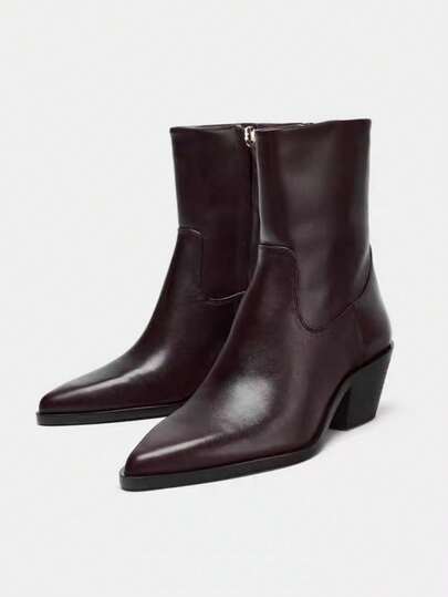 Women's Leather Pointed Toe Chunky Heel Side Zipper Ankle Boots, Winter New Arrival