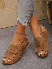 Giày sandal nữ đế dày, khóa cài, hở mũi, màu trơn, phong cách bohemian, thanh lịch, thời trang nghỉ mát, gợi cảm, sandal đế xuồng có khóa cài, thích hợp cho trong nhà, ngoài trời, bãi biển mùa hè. - màu nâu - Xem 3