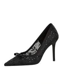 Women's Pointed Toe Lace Mesh Sequin Bow High Heel Pumps, European And American Style Party Dress Shoes,Stiletto Heels - Black - View 7
