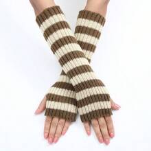 Long Color-Block Striped Wool Gloves Autumn And Winter New Mid-Length Fingerless Women's Warm And Fashionable Knitted Arm Sleeves In Various Colors - 紫色 - 查看 5