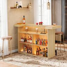 LITTLE TREE 4-Tier Bar Table, 70.9-Inch Large Wooden Home Bar Unit With Wine Glass Holder And Black Footrest, Pub Table With Storage Shelves For Home, Patio, Basement - 淺棕色 - 查看 1