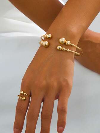 Vintage Fashionable Geometriskt Runt Pärljust Armband & Ring Smyckeset, Lämplig För Vardags- Och Högtidskläder, Present