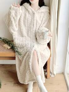 Bata de estar por casa de felpa jacquard de color sólido, bata con capucha de manga larga con botones, de corte holgado con bolsillos, ropa de estar por casa para mujer - Beis - Ver 2