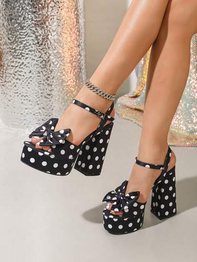 Spring/Summer 1 Pair Solid Color Nightclub Style PU Leather Buckle Sandals, Sexy Fashion Elegant Polka Dot Bow High Heel Sandals With Waterproof Platform For Women