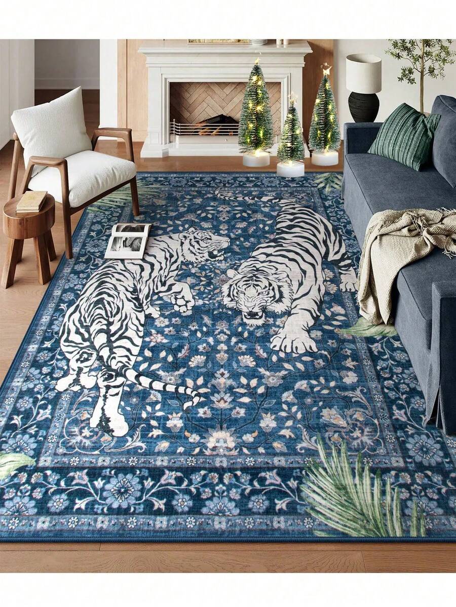 1pc Tiger Area Rugs, Boho Washable Rugs For Living Room, Vintage Soft Dining Room Rug, Non Slip Resistant Large Floor Carpet For Office Bedroom,Living Room,Entrance Welcome Door Mat,