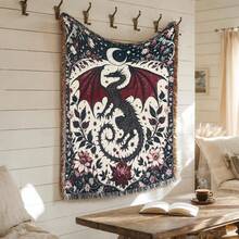 1 pieza Manta con borlas con estampado de dragón occidental de jacquard bohemio, versátil para todas las estaciones, adecuada para camping, sofá, oficina, dormitorio y decoración de la sala de estar