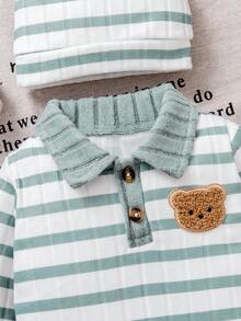 4 件套婴儿秋季新款毛绒罗纹 Polo 领可爱熊连体衣和帽子休闲时尚服装，男女通用 - 綠色 - 查看 5