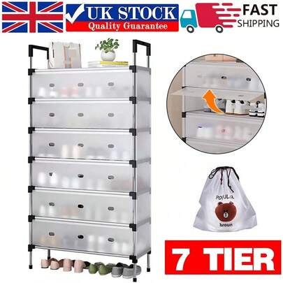 Simple 7-Tier Cabinet Storage Organiser Shoe Rack - Lightweight Space Saving Storage Stand | Compact Shoe Shelf For Hallway, Closet, Dorm | Self Assembly UK (Includes Free Storage Bag)