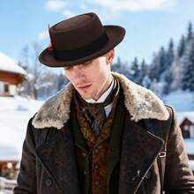 Wide Brim Fedora Hats With Feather For Women Men Western Panama Floppy Hat - 咖啡棕 - 查看 3