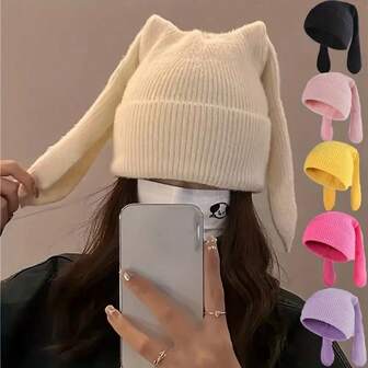 1pc Women's Comfortable Knitted Rabbit Ear Hat, Stretchable Helmet Design With Breathable Fabric, 6 Color Options, Warm & Soft Washable Winter Accessory, Novelty Christmas Hat With Long Ear Style