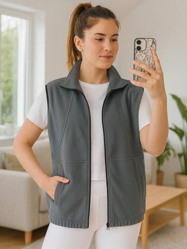 Colete feminino de lã sem mangas e gola alta - zíper quente e versátil para deslocamento, caminhadas ao ar livre, viagens e uso casual, design de bainha elástica para ajuste fino, outono/inverno