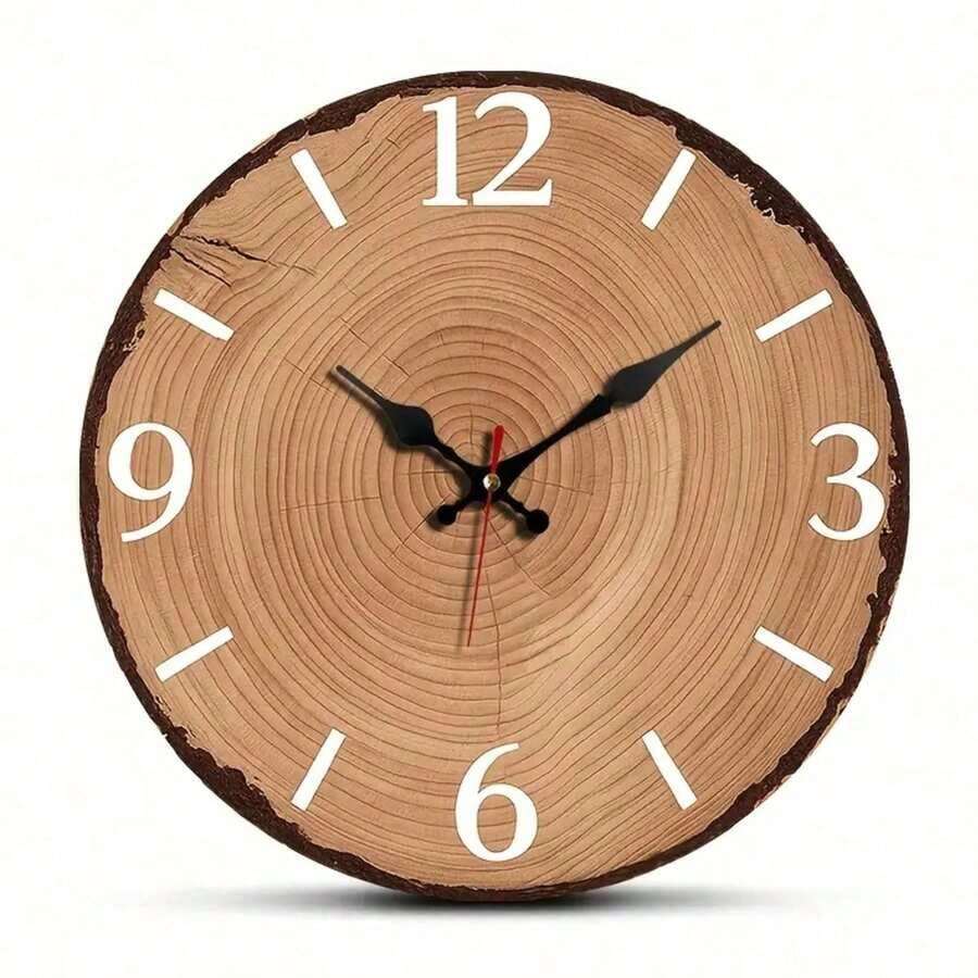 JFHT Wooden Round Wall Clock - Silent Non-Ticking Tree Ring Design, Light Wood Tone, AA Battery Powered (Not Included), Home Decoration, Holiday, Living Room Clock, Nature Theme Design, Country Style Aesthetics - màu đen - Xem 1