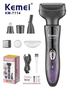 Kemei KM-7114 四合一女士电动剃须刀 - 比基尼修剪器、可充电电动剃须刀、私密毛发修剪器、个人护理器（适用于身体、鼻毛、耳毛、胡须、眉毛），完美去除面部毛发，USB Type-C接口 - 彩色 - 查看 13