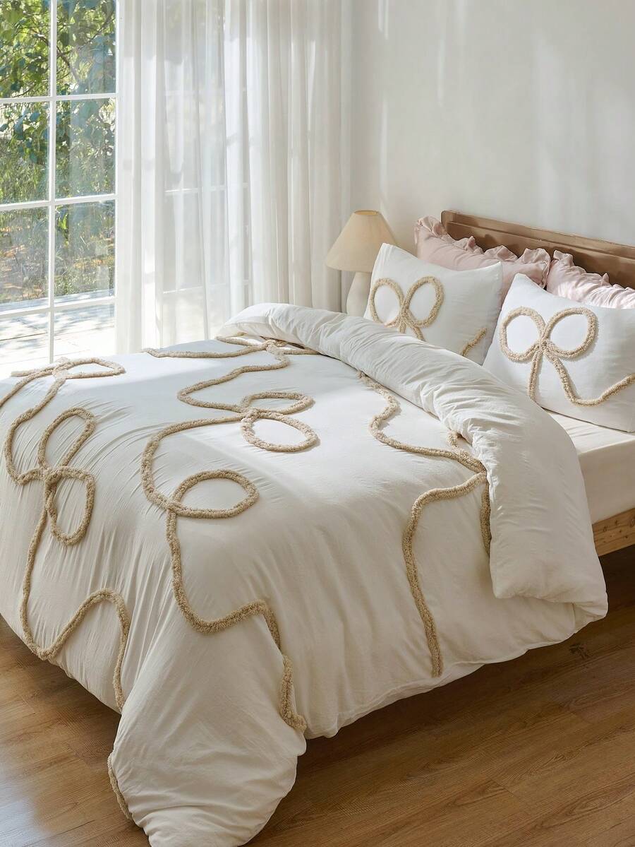 Bộ chăn ga gối đệm thêu hoa mềm mại và thoải mái 3 món, thoáng khí 100% polyester, khóa kéo bốn mùa, có thể giặt bằng máy, cỡ đôi/toàn bộ/quý bà/vua - Bộ đồ giường phòng ngủ (Không bao gồm ruột chăn) - trắng - Xem 1