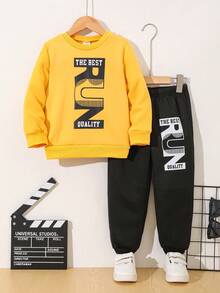 秋冬款小男孩字母印花长袖圆领羊毛卫衣和运动裤休闲套装 - 黃色 - 查看 1