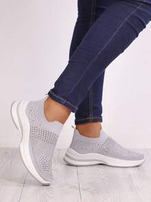 Zapatillas Mujer Gris Slip - On Strass, Tejido Knit Elástico, Suela Confortable, Calzado Casual Elegante y Práctico - Gris - Ver 4
