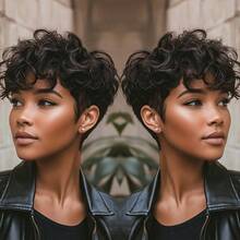 Women'S Layered Short Curly Pixie Cut Wig With Bangs - Remy Peruvian Human Hair, Glueless Full Machine Made Curly Wave Wig, Music Festivals & Everyday Styling - Density, Suitable For All Light Types, Short Hair Wig