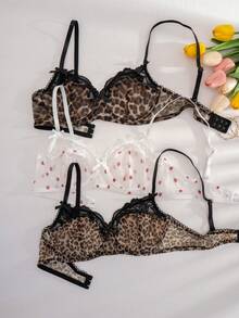 3件装女士纯色蕾丝豹纹无钢圈舒适文胸 - 彩色 - 查看 1