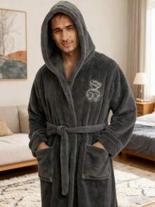 男士长款睡袍，加厚珊瑚绒，韩版，秋冬睡衣 - 深灰色 - 查看 2