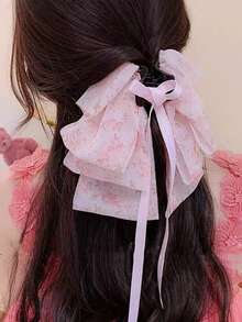 1 Presilha de Cabelo Grande em Tecido com Estampa Floral Preta e Branca - Presilha Elegante para Cabelo, Acessório de Inverno, Laço de Cabelo para o Verão - Rosa - Ver 3