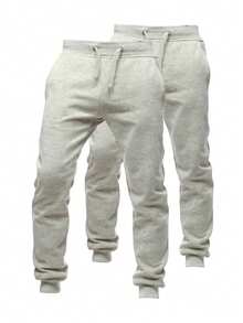 Zestaw 2 męskich bawełnianych spodni dresowych z elastyczną talią i sznurkiem ściągającym, wygodne spodnie dresowe do noszenia na co dzień, miękki materiał, dopasowany krój, idealne na trening, fitness i relaks w domu - Jasnoszary - Zobacz 1