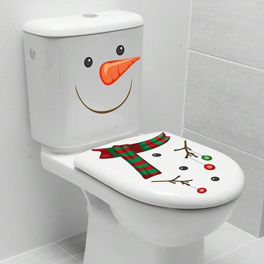 1 st. toalettklistermärke med julsnögubbe, tecknad PVC självhäftande badrumsdekor, vattentät avtagbar, hållbar plast, engångsbruk, rektangulär, matt finish