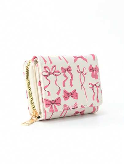 1Pc Kids Mini Wallet With Pink Ribbon Bow Design, PU Leather Trifold Wallet For Girls With Zipper Coin Pouch And Card Slots, Portable And Stylish Small Purse For Daily Outings Or Gifts