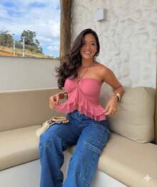 Top Feminino  Tomara Que Caia/Frente Única com Babados e Amarração no Pescoço Moda Verão - Rosa chiclete - Visão 1