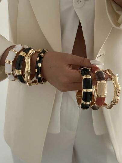 Asymmetrical Wave & Bamboo Knot Openable Alloy Bracelet, Fashionable & Luxurious Design