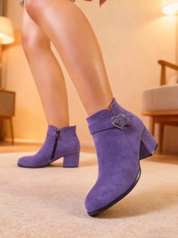 Plus Size Women's Chunky Heel High Heel Solid Black Casual Side Zipper Heart Decor Strap Ankle Boots, Comfortable Short Boots