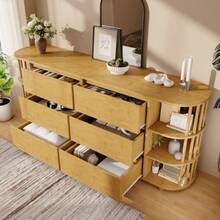 160cm Eiche Sideboard, Roman Design With Bamboo Columns And Shelves, 6 Drawers And Open Shelves, Height Adjustable Legs, H75/W160/D40 - 1 - View 4