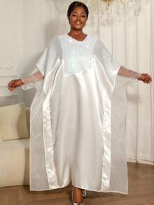 大码女士优雅白色非洲风情宽松亮片缎面欧根纱拼接连衣裙 - 白色 - 查看 2