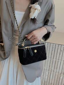 编织纹理手提包女士，Y 链带方形斜挎包，百搭海滩度假包，春夏 - 黑色 - 查看 3