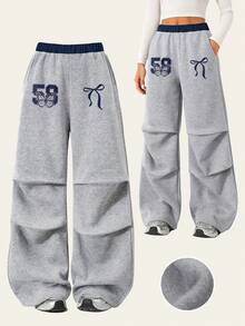 少女加厚长裤，时尚蝴蝶结数字印花设计，休闲阔腿运动裤，户外甜美运动风 - 淺灰色 - 查看 1