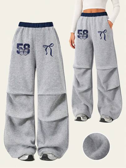 少女加厚长裤，时尚蝴蝶结数字印花设计，休闲阔腿运动裤，户外甜美运动风