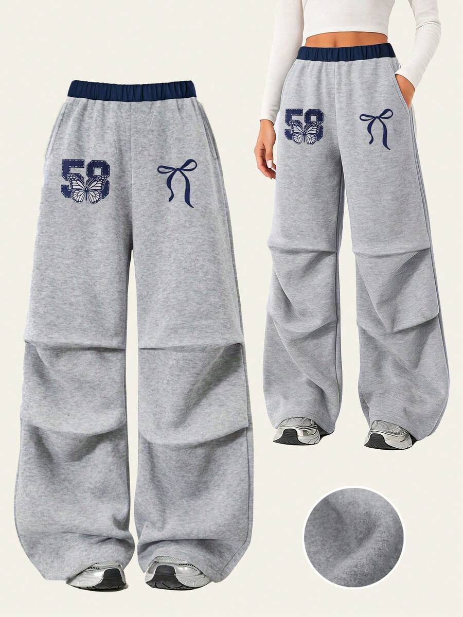 少女加厚长裤，时尚蝴蝶结数字印花设计，休闲阔腿运动裤，户外甜美运动风 - 淺灰色 - 查看 1