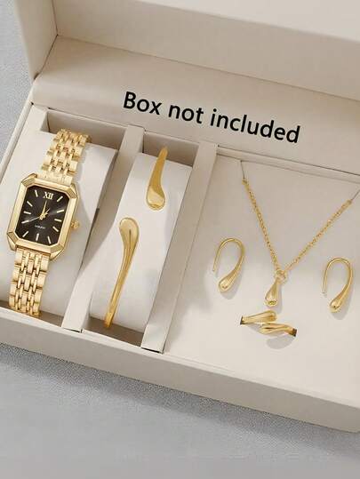 6件套女士金色钢条休闲优雅条形刻度小方表盘石英表手链项链耳环戒指首饰套装，适合日常佩戴装饰或作为节日礼物
