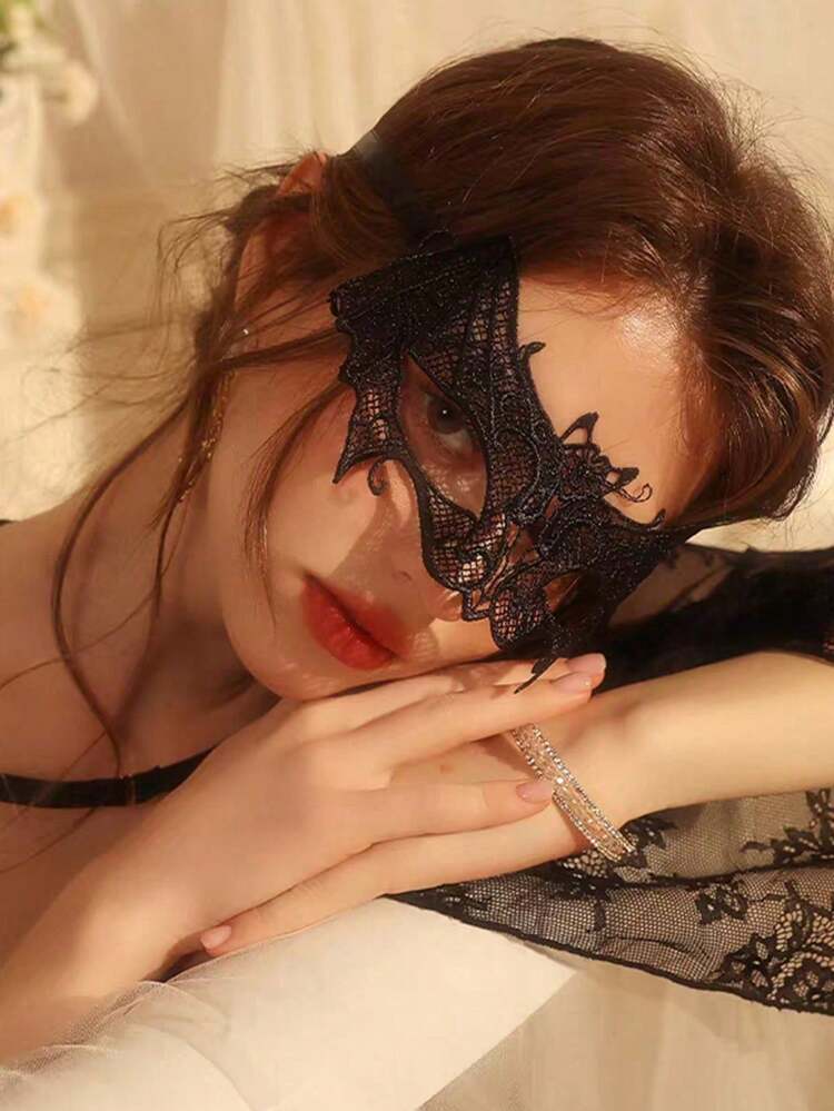 2 个性感黑色蕾丝眼罩、万圣节服装派对面具化妆舞会道具、万圣节派对用品、派对道具、万圣节气氛用品、恶搞装扮装饰、合身、装扮舞会、面具派对 - 彩色 - 查看 3