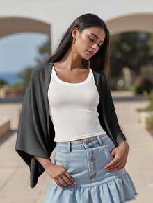Long Sleeve Summer Knit Shrug, Breathable Lightweight Open Front Bolero, Solid Color Beach Vacation Cover Up, Minimalist Chic Shoulder Shrug - 黑色 - 查看 2