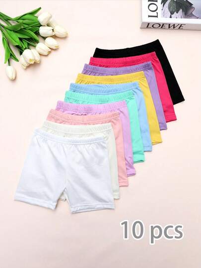 10pcs/Pack Young Girl' Solid Color Shorts, Candy-Colored Leggings, Basic Style Briefs, Safety Shorts, Suitable For All Seasons
