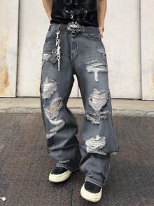 1 件男士破洞阔腿牛仔裤，复古美式风格破洞高街休闲宽松长裤（不含腰带和配饰）