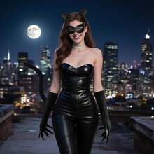 朋克猫咪服装套装，包含眼罩、心形项圈和仿皮手套——适合万圣节派对、哥特舞会等场合。