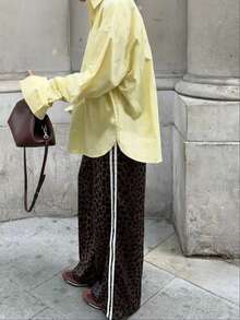 GLOpass 缎面渐变直筒裤，宽松豹纹嘻哈风女裤，侧条纹撞色休闲阔腿裤，春秋季轻薄款 - 棕色 - 查看 2