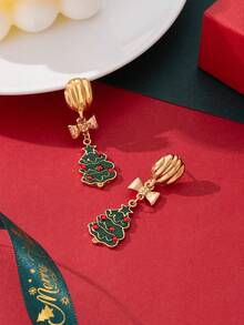 2 piezas Pendientes de árbol de Navidad de aleación de zinc y esmalte con efecto de goteo, adecuados para que las mujeres los usen durante la Navidad