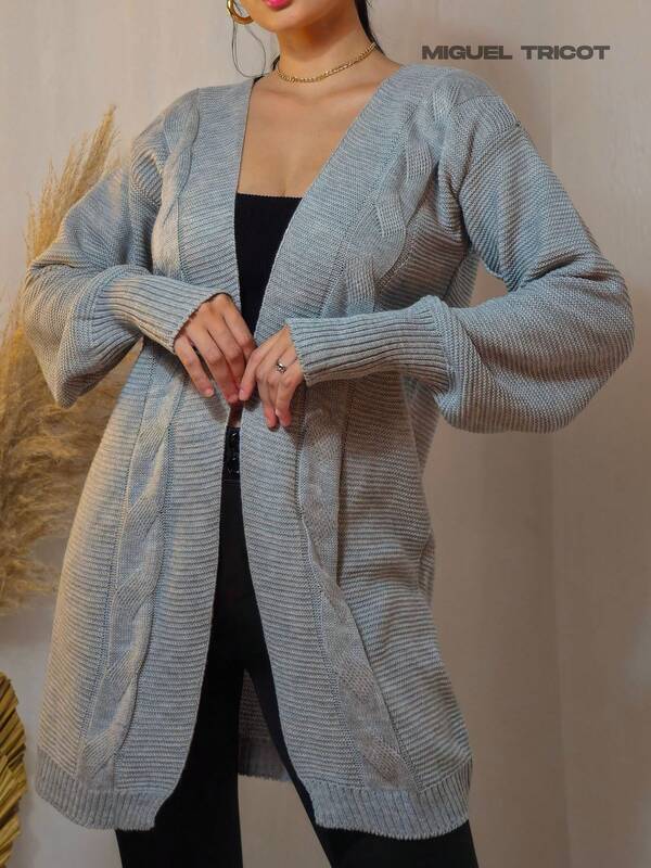 Cardigan Feminino de Trico Cinza Detalhes de Tranças Casaco de Tricot Tricô Roupa de Ano Novo e Natal