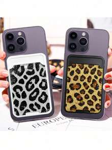 Stylish Luxury Leopard Print Sparkling Diamond Minimalist Universal Adhesive Phone Back Card Holder Bag, Phone Back Wallet Pocket,Compatible With Most Smartphones And Protective Cases,Sparkling Rhinestone Travel Accessories,Suitable For Men And Women, Couples, For Daily Use,Dating, Festival, Back To School, Summer, Vacation, Travel, Commuting,Birthday Gift, Holiday Gift, Thoughtful Gift For Mother'S,Practical Gift