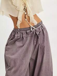 Women's Casual Cotton Linen Baggy Pants With Drawstring Elastic Waist Relax Fit Lantern Trouser With Pockets Daily Streetwear - 紫色 - 查看 3